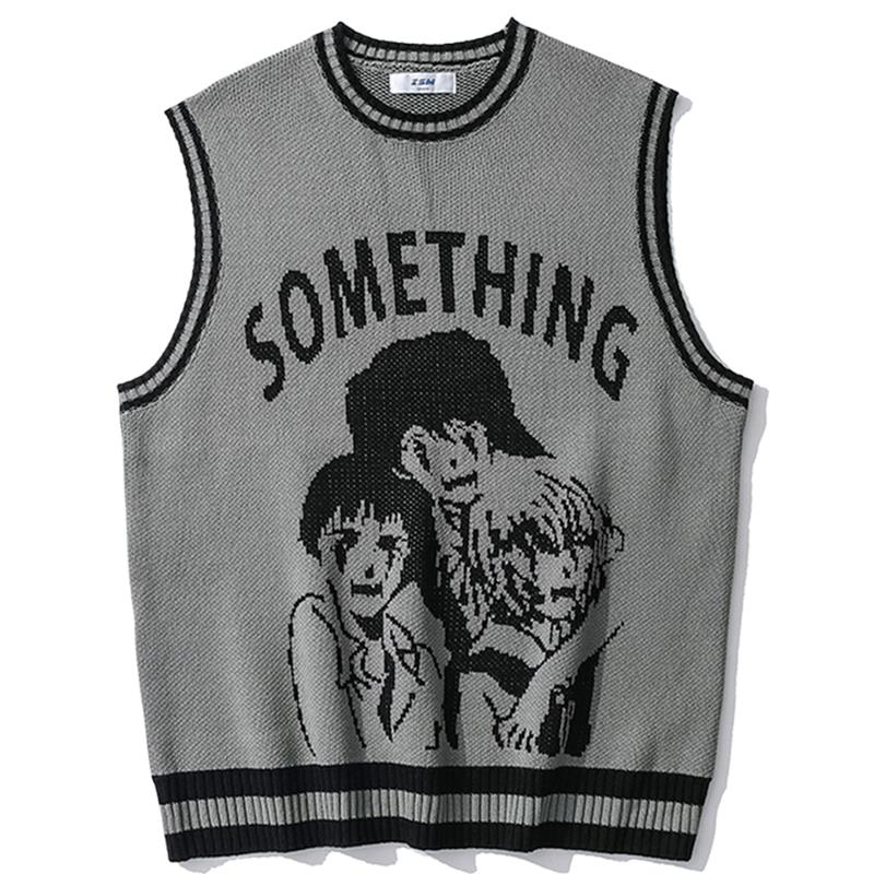 College Knitted Vest Sweaters Men Women Street Hip Hop Casual Band Cartoons Anime Pattern O-neck Sleeveless Sweaters Tops 2021